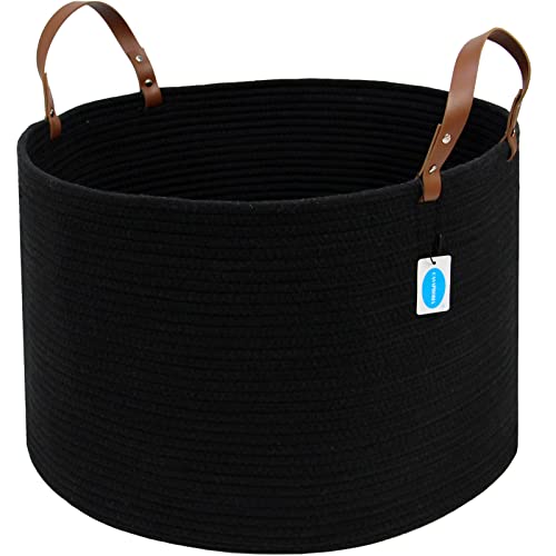 Casaphoria XXXLarge Cotton Rope Basket for Living Room - Woven Storage Basket with long Handle for Blankets, Towels and Pillows Laundry Hamper | Black (20" x 20" x 13") - color: Black