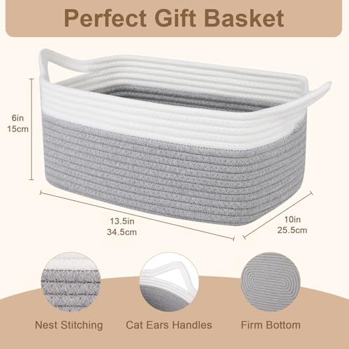 OIAHOMY Woven Basket, Gift Basket Empty with Gift Bags and Ribbons, Rope Baskets for Baby Showers, Storage Baskets with Handles for Nursery, Pet Toy Organizer - Grey & White - color: Grey & White, size: Medium: 13.5L*10W*6H