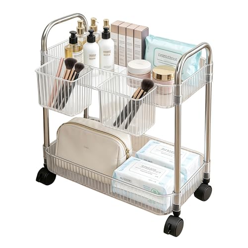 2 Tier Utility Rolling Cart with Wheels Sofa Side Table Small Under Desk Storage Organizer, Clear Acrylic Plastic Mobile Trolley Organization Storage Cart for Kitchen Pantry Bathroom Vanity - color: Transparent