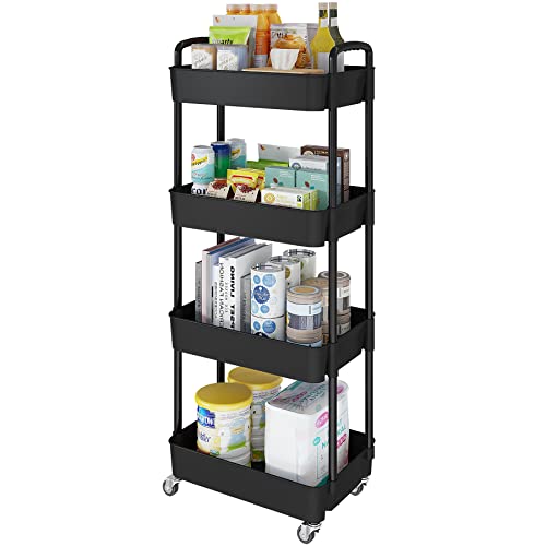 Laiensia 4-Tier Rolling Cart with Wheels,Multifunction Utility Storage Carts, Kitchen Storage Organizer,Mobile Shelving Unit for Bathroom,Laundry,with Classified Stickers,Black - color: Black, size: 4-Tier