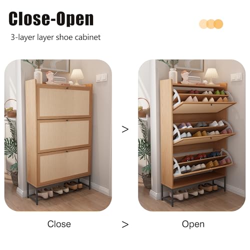 AVZEAR Narrow Shoe Storage Cabinet with 3 Flip Drawers, Freestanding Shoe Organizer Wooden Closed Shoe Rack, Slim Shoe Cabinet Storage for Entryway, Hallway, Living Room (Natural) - color: Natural, size: 3 Drawers