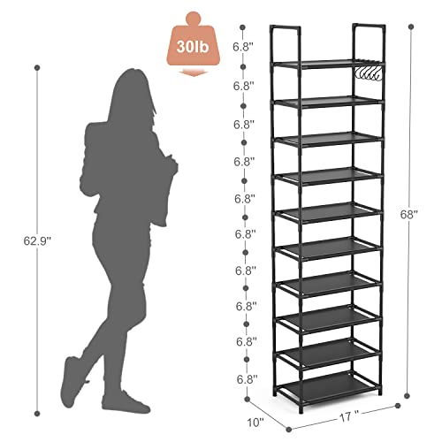 LANTEFUL 10 Tiers Tall Shoe Rack 20-25 Pairs Boots Organizer Storage Sturdy Narrow Shoe Shelf for Entryway, Closets with Hooks, Black - color: Black, size: 10 Tier-68" High-17" Wide