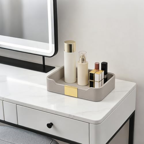 Luxury Leather Valet Tray Desktop Storage Organizer,Bedside Vanity Catchall Tray Nightstand Caddy Holder for Cosmetic,Jewelry,Watch,Keys,Phone,Wallet,Remote Controller,Pen,Gray - color: Gray