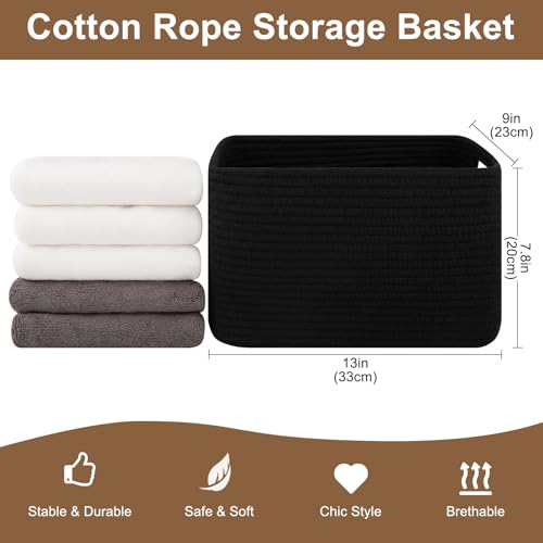 OIASKET Storage Baskets for Organizing, Woven Decorative Baskets for Shelves - Books, Towels, and Clothes, Cotton Rope Toy Storage Bins, 12.7''Lx9''Wx7.8''H, Pack of 4, Black - color: Black