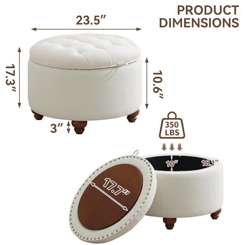 WUTUTUEE 24Inch Round Storage Ottoman with Tray, Modern Tufted Fabric Circle Coffee Table with Storage, Upholstered Ottoman with Removable Top for Living Room, Bedroom, Beige - color: Beige, size: 24 Inch