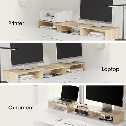 FITUEYES Dual Monitor Stand – 3 Shelf Computer Monitor Riser, Wood Desktop Stand with Adjustable Length and Angle, Desk Accessories, Office Supplies Medium Oak, DT108006WO - color: Oak
