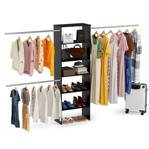 ROOMTEC Closet System, 25.5" Wide Wall-Mounted Closet Organizer Kit with Wood Storage Tower and 3 Hanging Rods, Wardrobe Closet System for Walk-In Closets, Black - color: Black, size: 25.5 Inch