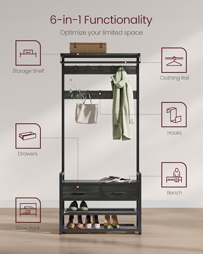 VASAGLE Hall Tree with Bench and Shoe Storage, Entryway Coat Rack with Shoe Bench, 2 Fabric Drawers, 10 Hooks, 11.8 x 31.7 x 71.5 Inches, Stone Gray and Ink Black UHSR429B04 - color: Stone Gray + Ink Black