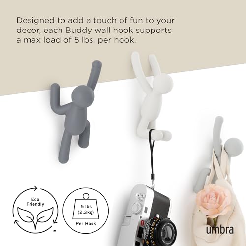 Umbra Buddy Wall Hooks – Decorative Wall Mounted Coat Hooks for Hanging Coats, Scarves, Bags, Purses, Backpacks, Towels and More, Set of 3, Grey - color: Gray