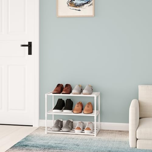 Small Stackable Shoe Rack,Narrow Kids Shoe Stand,Metal Shoe Storage Shelf for 6-8 Pairs ofShoes Entryway and Closet Hallway (3-Tier, White) - color: White, size: 3-Tier (no handle)
