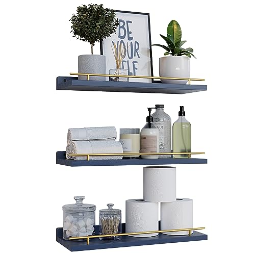 WOPITUES Floating Shelves with Gold Metal Guardrail, Shelves for Wall Decor Set of 3, Wall Shelves for Bedroom, Bathroom, Kitchen, Living Room, Plants, Picture Frames, Art- Gold in Navy Blue - color: Gold in Navy Blue, size: 15.7 inch