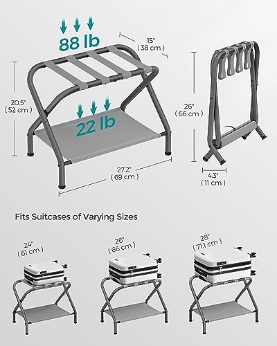 SONGMICS Luggage Racks, Set of 2, Suitcase Stand with Fabric Storage Shelf, for Guest Room, Bedroom, Hotel, Foldable, Holds up to 110 lb, 27.2 x 15 x 20.5 Inches, Slate Gray URLR002G02 - color: Slate Gray, style: with Shelf