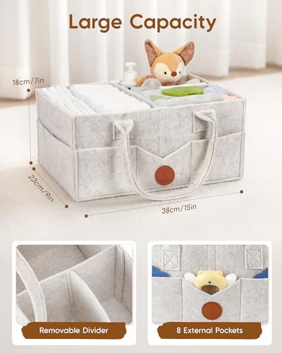Maliton Baby Diaper Caddy, Nursery Storage Bin & Car Organizer with Handle, Large Felt Bag for Newborn essentials Boy or Girl, Changing Table Organizer for Baby Stuff, 15" x 9" x 7" Baby Shower Basket - color: WHITE, size: Large