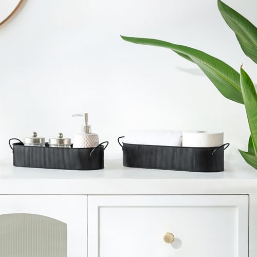 Mkono Metal Storage Basket for Toilet Tank Top Bathroom Decor, Galvanized Tray with Handle for Shelves, Farmhouse Toilet Paper Holder Organizing Bin Box for Countertop Living Room, Set of 2, Black - color: Black