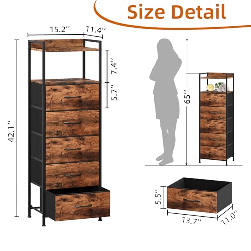 Somdot Tall Nightstand for Bedroom, Tall 5 Drawers Dresser, Vertical Storage Tower Unit, Nightstand Furniture with Fabric Drawer Organizer in Bedside Kids Room, Laundry Entryway, Wood Grain Print - color: Wood Grain Print, size: 11.4"D x 15.2"W x 42.1"H (