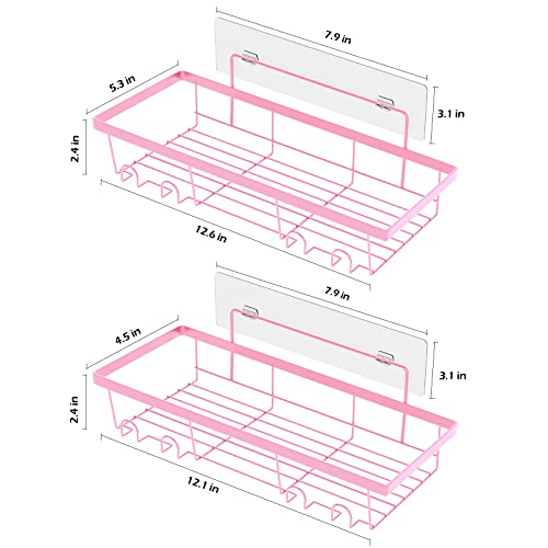 Durmmur 2 Pack Adhesive Shower Caddy Organizer with Hooks, Rustproof No Drilling Wall Mounted Storage Shelf Rack for Inside Shower/Bathroom/Kitchen (Pink) - color: Pink