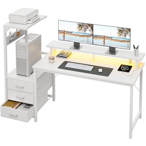 AODK 59 Inch Gaming Desk with USB Charging Ports & LED Light- Reversible Computer Desk with Storage Shelves & Monitor Stand, Modern Gamer Desk Table with Fabric Drawers, White - color: White, size: 59 inches