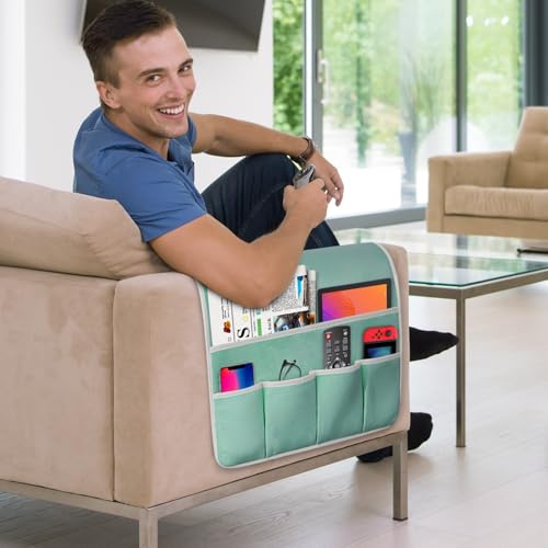 Remote Control Holder for Armchair Caddy, Couch TV Remote Holder for Bed Storage 5 Pockets，Remote Caddy Bedside Organizer Bedside Table Organizer (MintGreen, 35''x18'') - color: MintGreen, size: 35''x18''