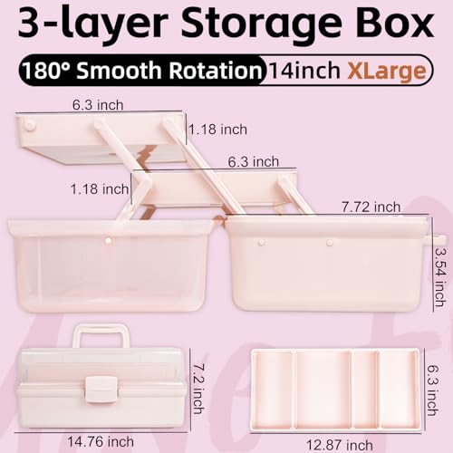 TERGOO 14in 3-Layer Multipurpose Craft Organizers and Storage with Adjustable Dividers, Portable Tackle Box, Folding Art & Craft Case for Medicine, Tool, Sewing Organizer (Pink, X-Large) - color: Pink, size: X-Large