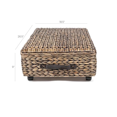 happimess BSK1006B 26.38" Chett Minimalist Hand-Woven Hyacinth/Wood Underbed Storage Bin with Wheels and Handles for Storage and Decoration in Bathroom, Bedroom,Closet,Entryway, Guest Room, Brown Wash - color: Brown Wash