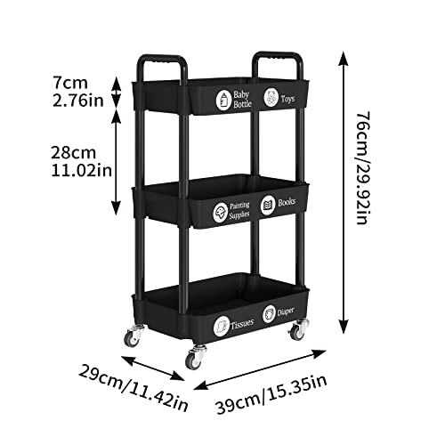 Laiensia 3-Tier Storage Carts,Multifunction Utility Rolling Cart Kitchen Storage Organizer,Mobile Shelving Unit Cart with Lockable Wheels for Bathroom,Laundry,Living Room,With Classified Sticker,Black - color: Black, size: 3-Tier
