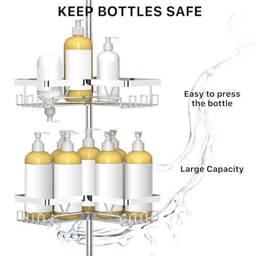 KEGII Corner Shower Caddy Tension Pole - Chrome 4-Tier Adjustable Shower Tension Rod Organizer with Hooks & Soap Holders, 25-114.2 Inch Stainless Steel Shower Storage Rack for Renters & Family - style: Tension Caddy - Chrone