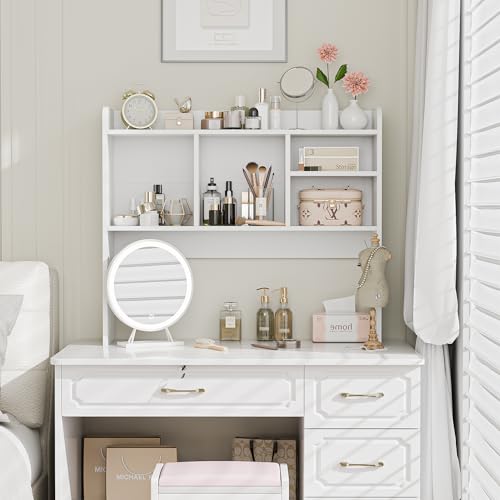 SUPER DEAL Desktop Bookshelf, Countertop Storage Hutch with 4 Shelves for Computer Desk, 2-Tier Display Rack, Multipurpose Wood Desk Hutch Storage Organizer for Home Office Dorm, White - color: White