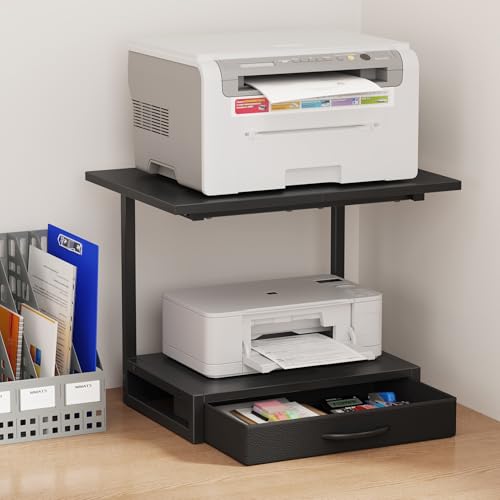 YAOHUOO 2-Tier Desktop Printer Stand with Fabric Drawer, Prtiner Table with Storage Shelf, Desk Organizer for Home Office,3D Printer,Fax Machine,Scanner, 19.6"x14.9" Black - color: Black, size: Large