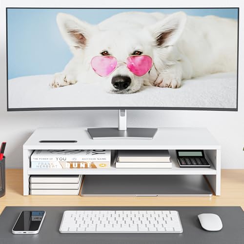 BONTEC Wood Monitor Stand Riser, 2-Tier Desktop Organizer with Storage, Ergonomic Computer Stand for Desk, Cable Management, Cellphone Holder, 21.3 Inch Shelf, White - color: White, size: 21.3inch