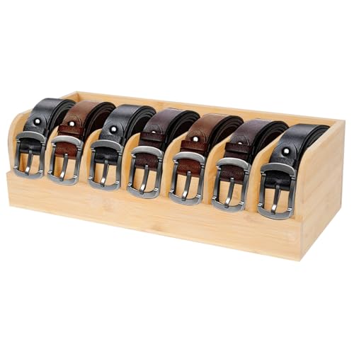 GTI Belt Organizer, 7 Compartments Belt Organizer for Closet and Drawer, Bamboo Display Case for Tie and Belt, Belt Storage Organizer for Men Women (Wooden) - color: Wood, size: 7 Compartments