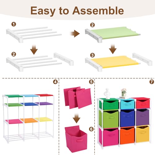 9 Cube Storage Organizer Shelf with Storage Bins and Label, 11 Inch Toy Cube Bins Clothes Closet Organizers Drawers Fabric Dresser for Living Room, Bedroom, Playroom, Dorm(Bright) - color: Bright