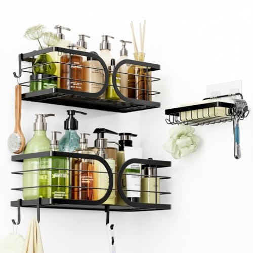 Shower Caddy 3 Pack Adhesive 304 Stainless Steel Shelves No Drill Durable Large Capacity Shower Rack Organizer Soap Holder Quick Dry Rustproof Bathroom Storage(Black) - color: Black, size: 3 Pack