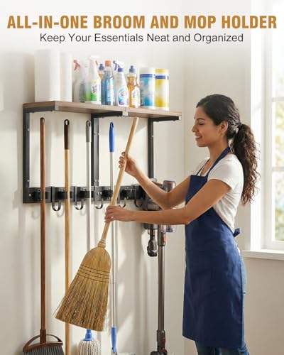 Supforce Broom Holder Wall Mount with Top Wooden Shelf, Heavy Duty Metal Cleaning Supplies Broom Hanger with Vacuum Organizer and 5 Slots & 5 Hooks for Laundry Garage Tool Storage Kitchen (Large) - size: Large