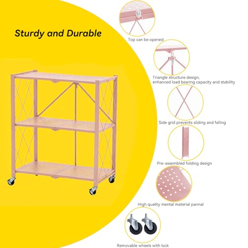 BRIAN & DANY 3-Tier Foldable Storage Shelves with Wheels, No Assembly Folding Shelf Metal Rack, Shelving Unit for Kitchen, Garage, Pink - color: Pink, size: 3-tier