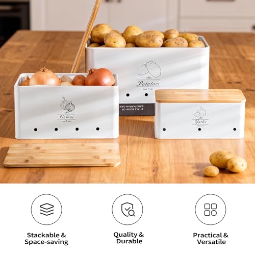 Metal Potato Onion and Garlic Storage Tin Set of 3, White Kitchen Vegetable Canisters with Bamboo Lid and Aerating Holes, Stackable Kitchen Keeper Storage for Countertop Pantry - color: A - White Vegetable Canisters