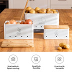 Metal Potato Onion and Garlic Storage Tin Set of 3, White Kitchen Vegetable Canisters with Bamboo Lid and Aerating Holes, Stackable Kitchen Keeper Storage for Countertop Pantry - color: A - White Vegetable Canisters
