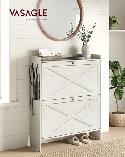 VASAGLE Shoe Storage Cabinet Organizer with 2 Flip Drawers, Freestanding Narrow Shoe Rack Cabinet for Entryway, Farmhouse Style, Fits 14 to 16 Pairs, Rustic White UHSC203WJ01S - color: Rustic White