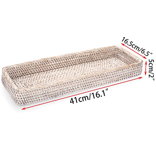 Sumnacon 16 Inch Rattan Bathroom Vanity Tray - Decorative Wicker Toilet Tank Tray for Paper Hand Towel,Vintage Storage Basket Bin for Bathroom Kitchen Toilet Tank Vanity Countertop Table Shelf,White - color: White, size: 16" x 6.5" x 1.8"