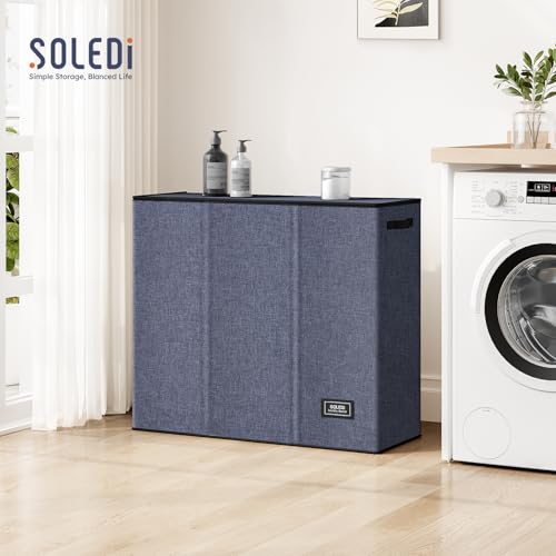 SOLEDI 180L 3-Section Laundry Hamper with Lid, Extra Large Dirty Clothes Basket with Sturdy Handles for Laundry Room & Bedroom - Durable Organizer for Sorting Laundry - color: Navy blue, size: 180L