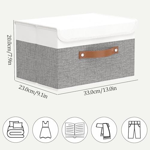 OUTBROS Large Foldable Storage Bins, Linen Fabric Box with Lid, Organiser for Shelves, Cubes For Towels, Clothes, 13 x 9.1 x 7.9 inch (White/Grey, 1-Pack) - color: White/Grey, size: 13x9.1x7.9in(1-pack)