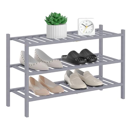 RONGJlA 2 Tier Bamboo Shoe Rack for Closet Free Standing Wood Shoe Shelf Storage Organizer for Entryway Small Space Stackable, Grey - color: Grey, size: 3-Tier-Regular