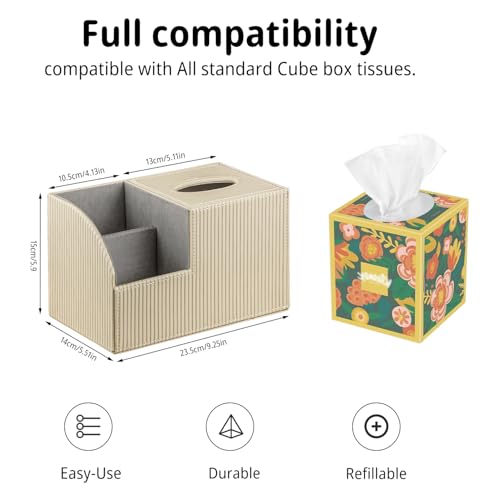 Square Multi-Functional Tissue Box Cover with Storage and Remote Control Holder - Cube Tissue Box Organizer for Bathroom, Nightstand, End Table - color: Apricot