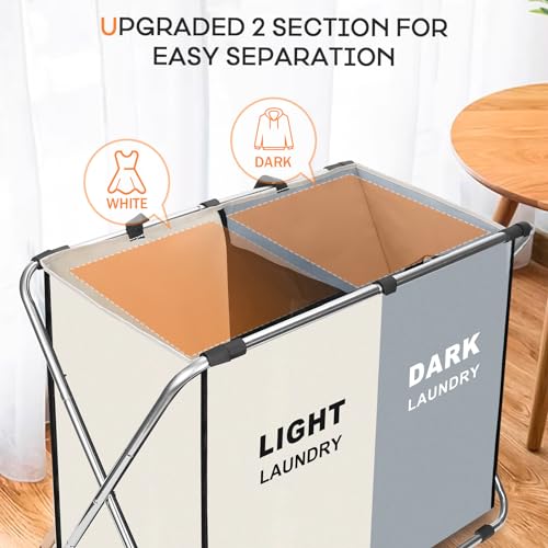 Laundry Cloth Hamper Sorter Basket Bin Foldable 2 Sections with stainless steel Frame Washing Storage Dirty Clothes Bag for Bathroom Bedroom Home Storage Basket (White+gray, 2 Sections) - color: White+gray, size: 2 Sections