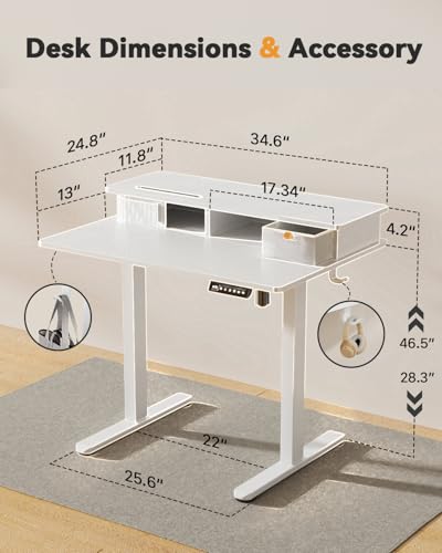 JOY worker Small Electric Standing Desk, 35" x 25" Height Adjustable Desk with Built-in Monitor Stand & Storage Drawer, White Sit Stand Table with 2 Hooks for Home Office - color: White, size: 35inch