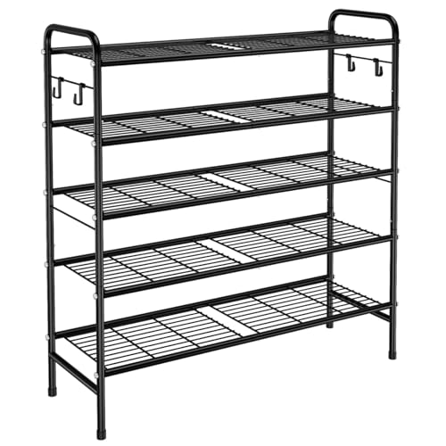 VILICK 5 Tier Shoe Rack 33" Wide Metal Shoe Organizer Long Shoe Storage with 4 Side Hooks Sturdy Shoes Shelf for Closet, Front Door Entrance, Garage, Dorm, Black - size: 5-Tier (11"x 33"x 37.8")