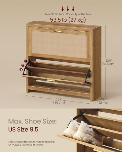 VASAGLE ELLAN Collection - Boho Shoe Storage Cabinet for Entryway Slim, Entry Shoe Cabinet with Rattan-Look Flip Drawers, Rounded Corners, Narrow for Entrance, Natural Brown UHSC601KC01 - color: Natural Brown, size: 9.4"D x 33.9"W x 32.9"H-3 Flip Drawers