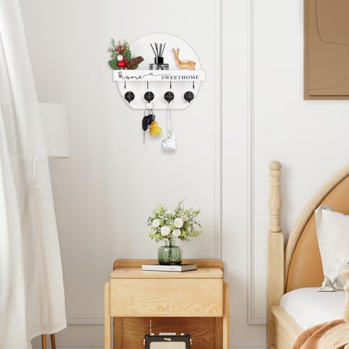 Key Holder for Wall, Key and Mail Holder Organizer - Key Holder Wall Mount with Bouquet Shelf and Key Hooks, Round Wooden Rustic Key Rack for Entryway and Home Decor (White&Black) - color: White&Black