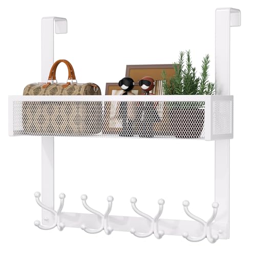 Consumest Over The Door Hooks Organizer - Door Hanger with Mesh Basket & 16 Coat Rack Hooks, Back Storage Organizer for Bedroom, Bathroom, Kitchen, Office, White - color: White-16 Hook 1 Mesh, size: 2 Tier