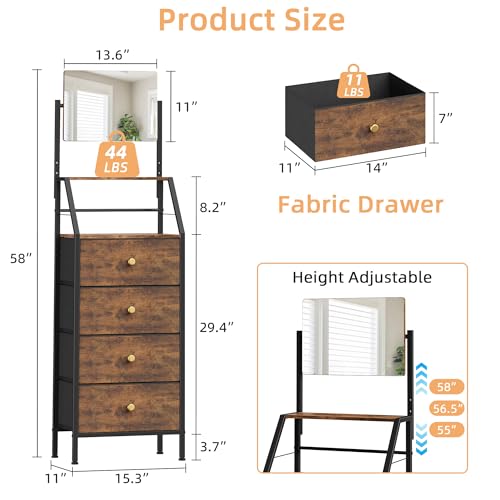 HIGDBFE 4-Drawer Dresser with Mirror, Vanity with 2-Tier Shelves, Fabric Chest of Drawers for Small Space, Vertical Storage Cabinet for Bedroom, Nightstand Bedside Table, Rustic Brown, 15.3" W - color: Rustic Brown