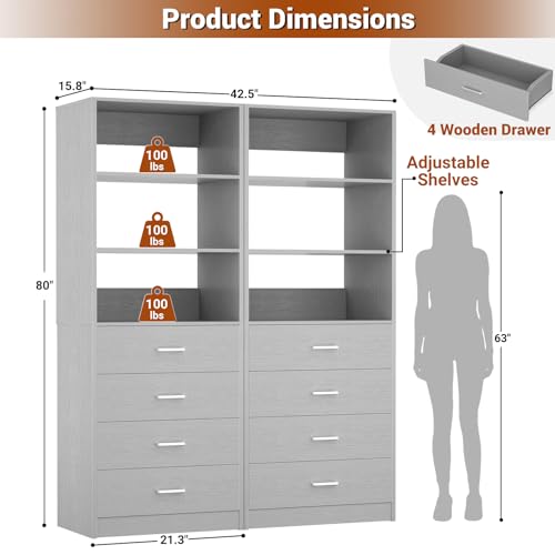 Aheaplus Closet Drawers Organizer System, 42.5Inch Wood Closet System with 4 Drawers, Modular Walk-in Closets Storage Unit, Tall Bookshelf Storage Cabinet, Grey (Set of 2)